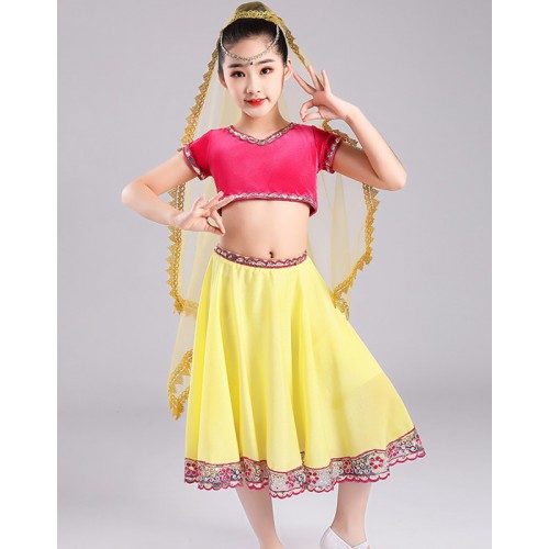 Pink with yellow Indian queen belly dance costumes for girls children belly dance dresses Tianzhu girls Xinjiang ethnic dance costumes girls